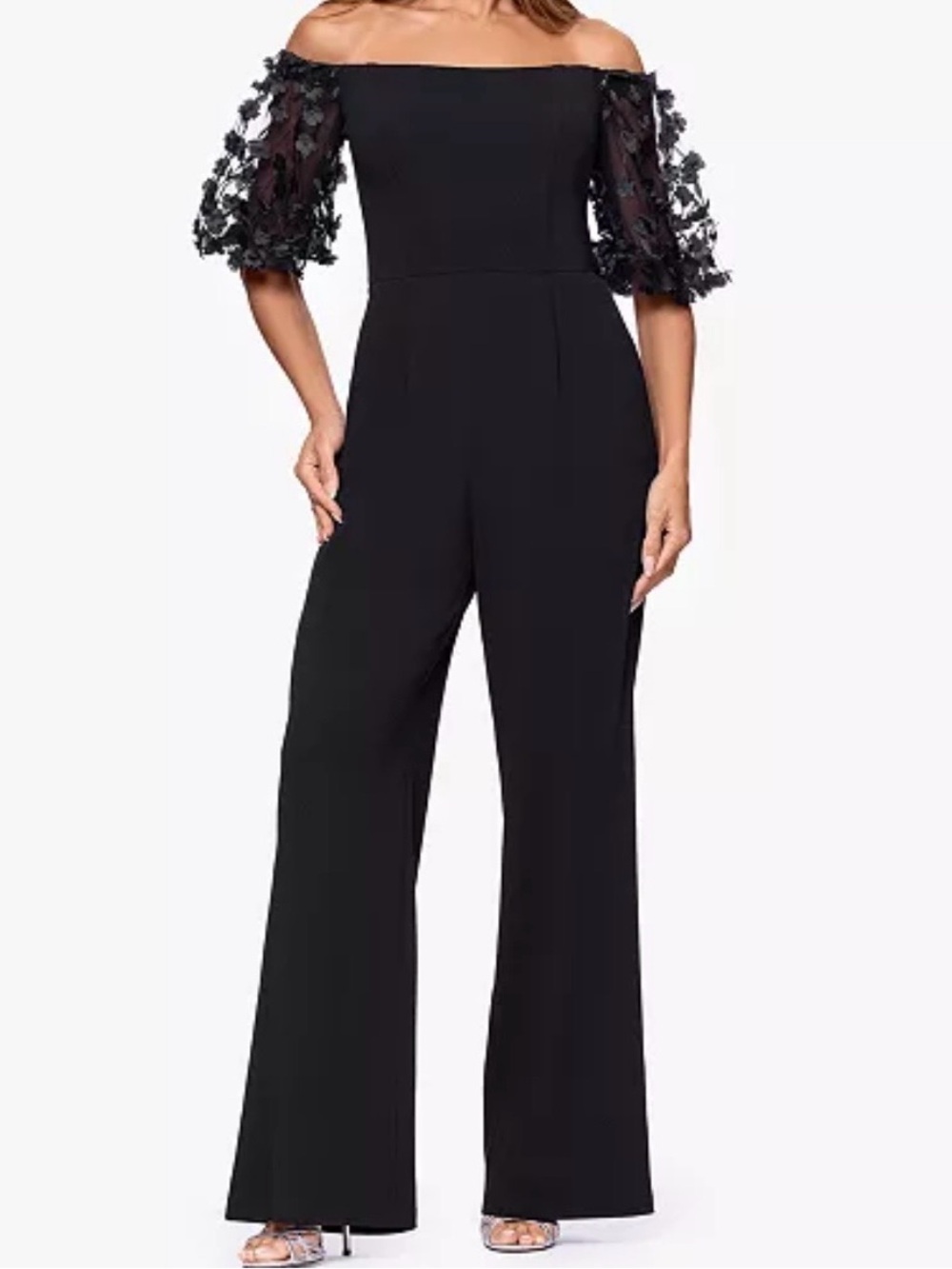 Xscape Belle Off the Shoulder Appliqué Floral Puff Sleeve Jumpsuit 4